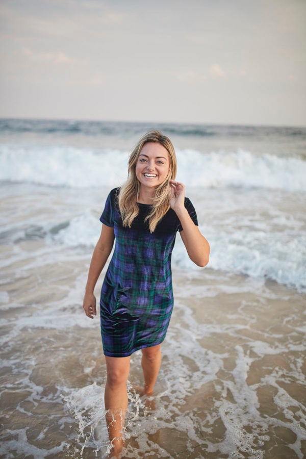 Bows & Sequins wearing a Vineyard Vines Blackwatch Plaid Velvet Madaket T-Shirt Dress on the beach at Ocean House Rhode Island.