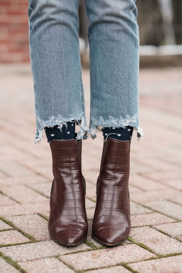 Fashion blogger wearing Citizens of Humanity Charlotte Crop Jeans with polka dot trouser socks and Steve Madden Subtle Snake brown croc ankle booties.