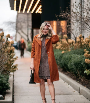 Chicago fashion blogger Jessica Sturdy of Bows & Sequins wearing a teddy coat and shimmery dress.