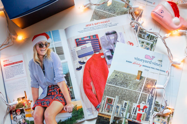 Fashion blogger Jessica Sturdy of Bows & Sequins modeling for Vineyard Vines Holiday 2019 catalog at Ocean House in Watch Hill, Rhode Island