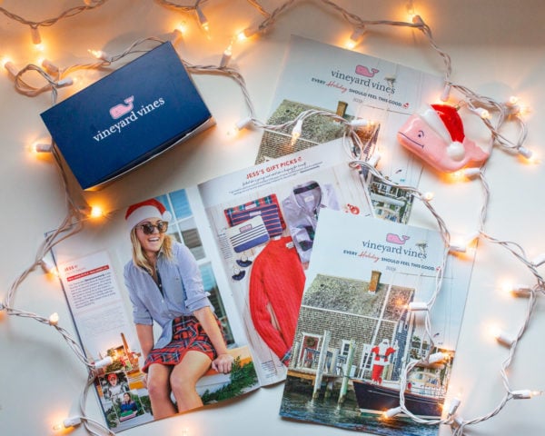 Preppy fashion blogger Bows & Sequins modeling in Vineyard Vines' Holiday Catalog.