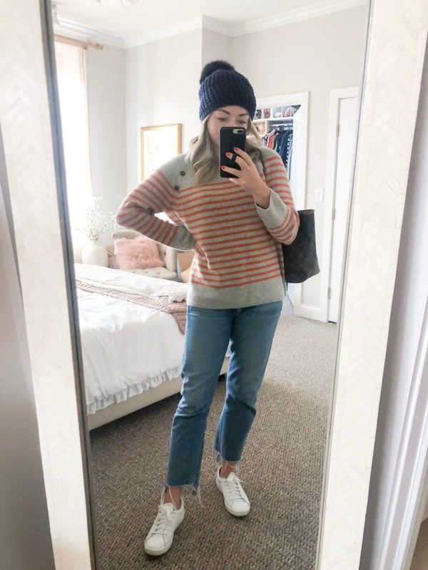 Wyse Cashmere Sweater, Citizens of Humanity Charlotte Crop Jeans, Keds Leather Ace Sneaker, Kyi Kyi Pom Beanie