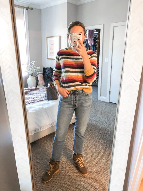 Rainbow Stripe Cashmere Sweater, Mom Jeans, Fur Booties
