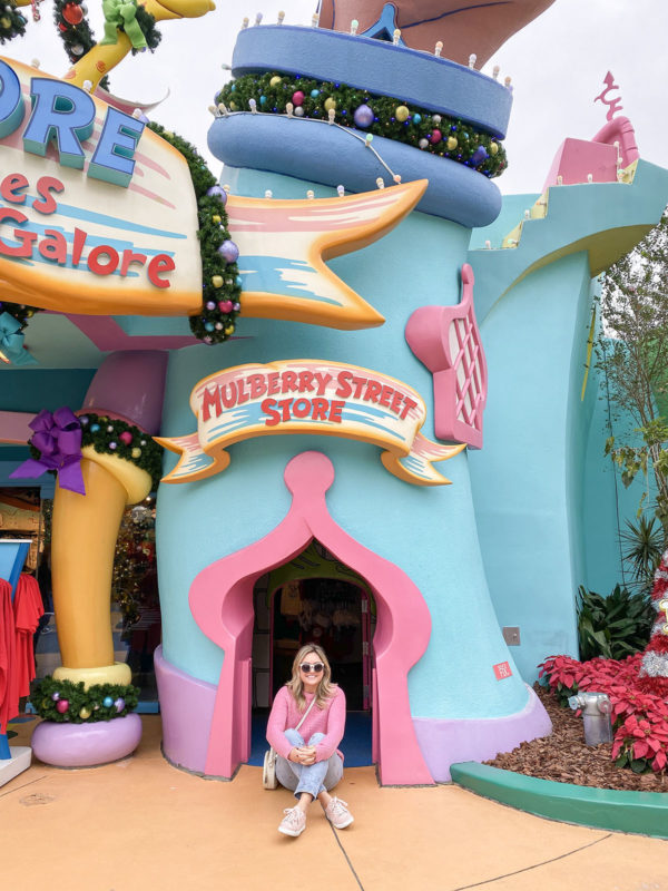 Travel blogger Bows & Sequins at Seuss Landing at Universal Studios in Orlando, Florida.