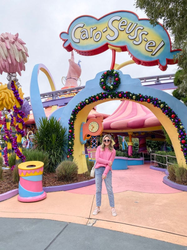Travel blogger Bows & Sequins at Seuss Landing at Universal Studios in Orlando, Florida.