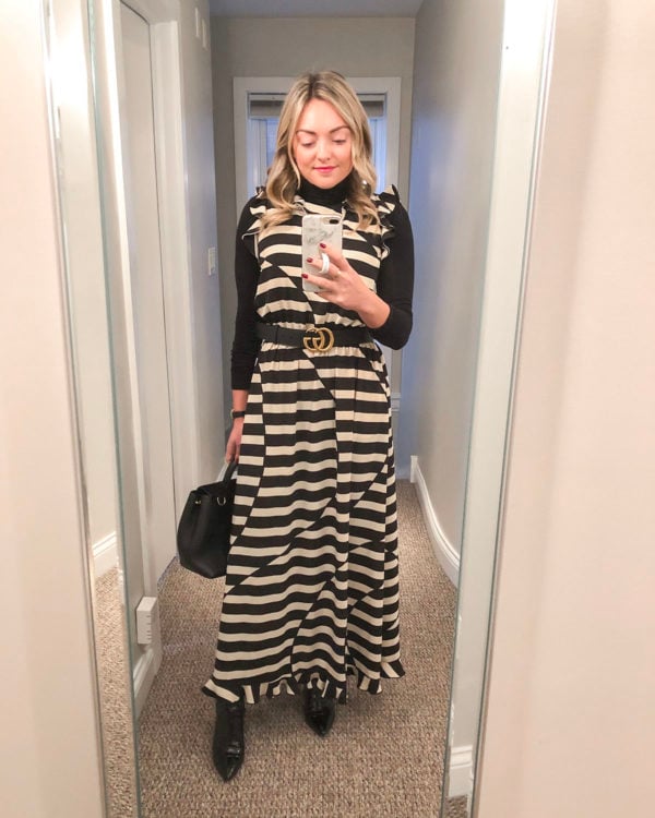Fashion blogger Bows & Sequins styling a Stine Goya dress with a turtleneck underneath and a Gucci belt.