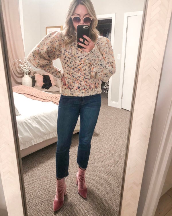 Ulla Johnson Multicolored Puff Sleeve Pullover Sweater, Cropped Raw Hem Ankle Jeans, Robert Clergerie Pink Velvet Booties