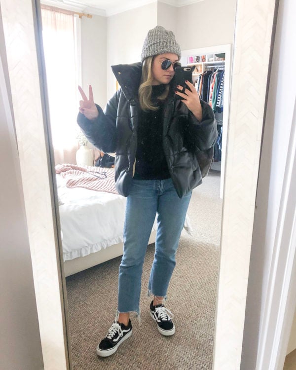 Love Your Melon beanie, Nanushka Faux Leather Puffer, Citizens of Humanity Charlotte Crop Jeans, Vans Sneakers