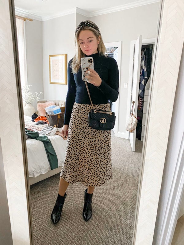 Lele Sadoughi Headband, Black Fitted Turtleneck, Sanctuary Leopard Midi Skirt, Gucci Marmont Bag Outfit