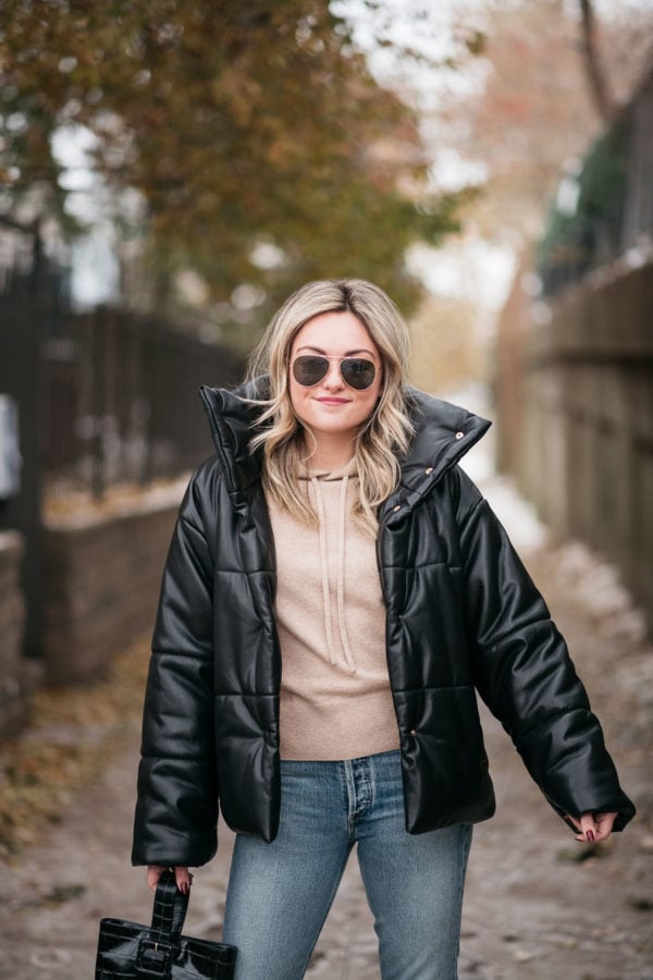 Fashion blogger wearing Nanushka Hide Vegan Leather Puffer Coat.
