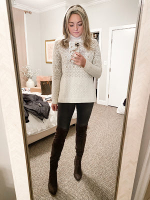 Velvet Pearl Headband Amazon, Cream Fairisle Turtleneck Sweater, rag & bone legging skinny jeans, grey suede over the knee boots outfit