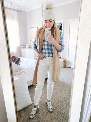 Oversized Checkered Sweater, White Jeans in the Winter, Golden Goose Glitter Sneakers Outfit, Camel Cashmere Wrap Scarf, Fur Pom Pom Beanie
