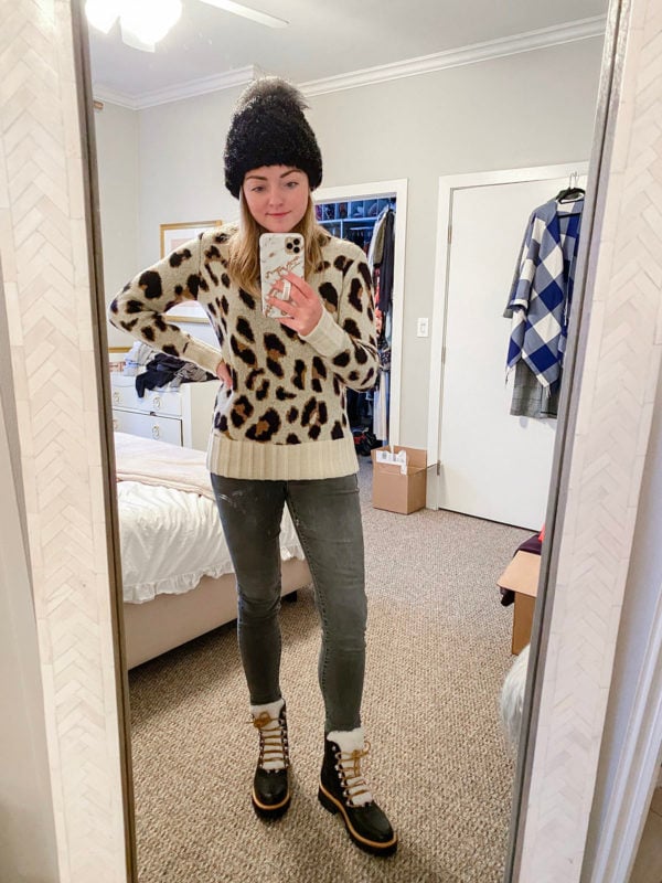 Fur Beanie, Lovers + Friends Leopard Sweater, Grey Skinny Jeans, Marc Fisher Izzy Shearling Leather Hiking Snow Booties