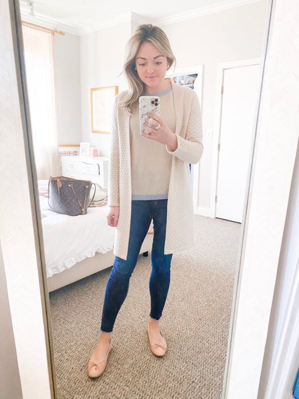Sail to Sable Cashmere Cardigan, Crewneck Cashmere sweater with baby blue trim, rag & bone skinny jeans with raw hem, and Margaux ballet flats.