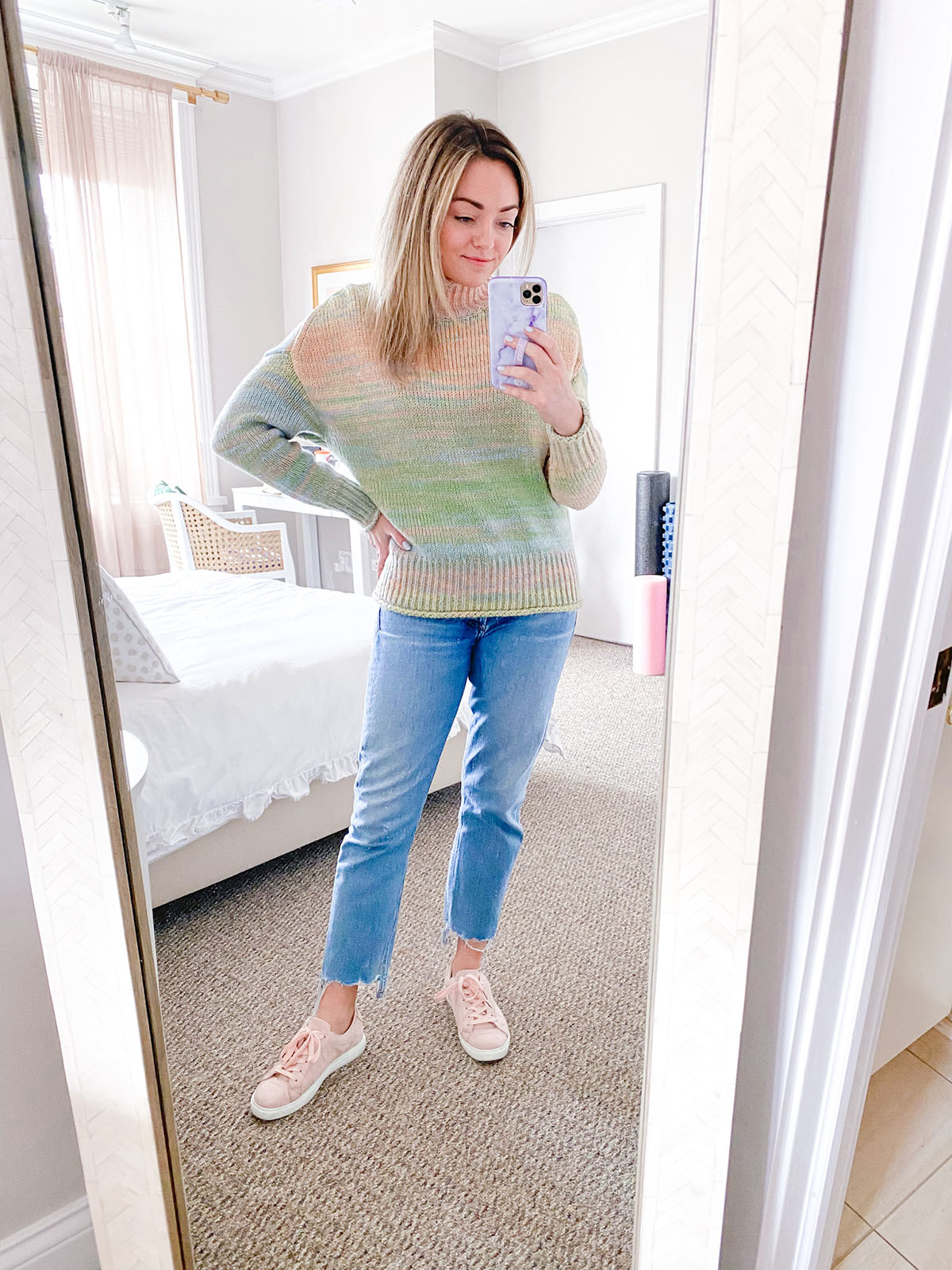Cute Casual Spring Outfit: 525 Space Dye Pastel Tie Dye Sweater, Citizens of Humanity Charlotte Jeans, Pink Sneakers