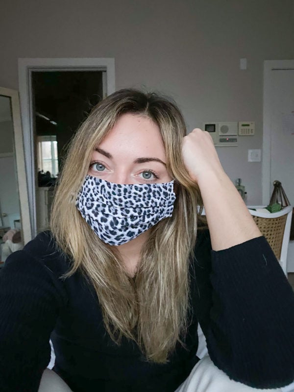 Jessica Sturdy wearing a leopard face mask.