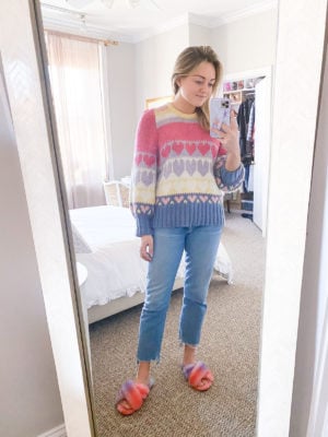Love Shack Fancy Hearts Sweater, Citizens of Humanity Charlotte Crop Jeans, Emu Multicolor Fuzzy Slippers