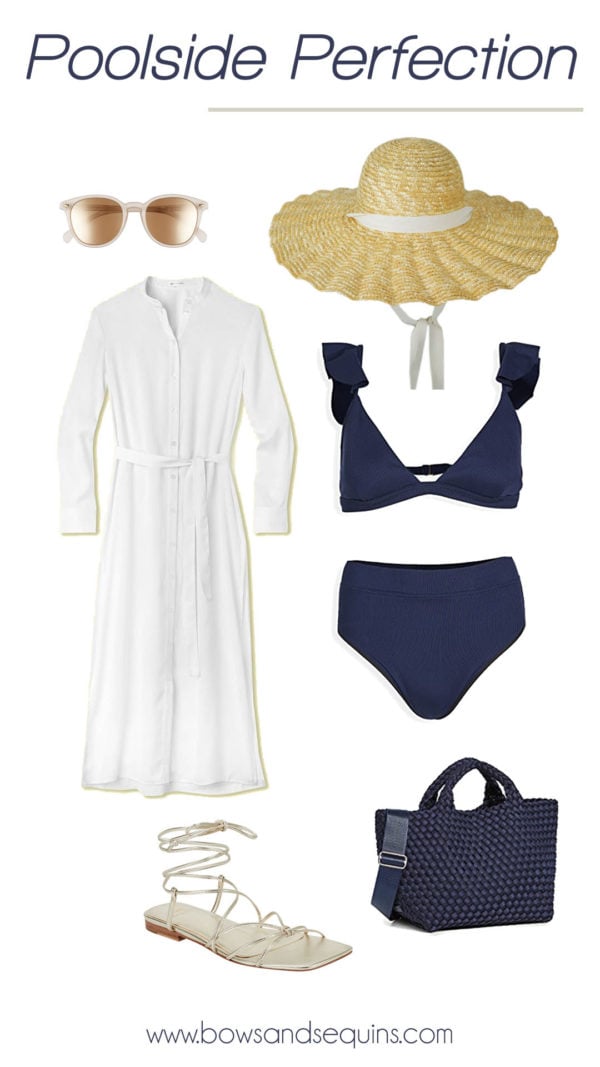 whtie caftan, scalloped straw hat, high waist bikini, metallic wrap sandals