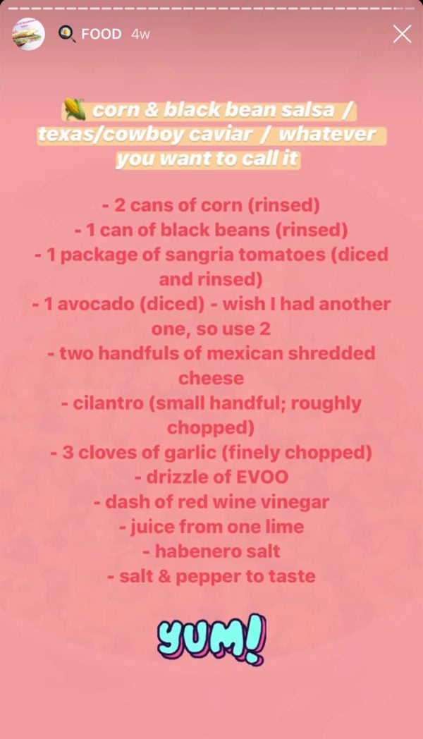 Corn, black bean, avocado salsa dip for chips recipe.