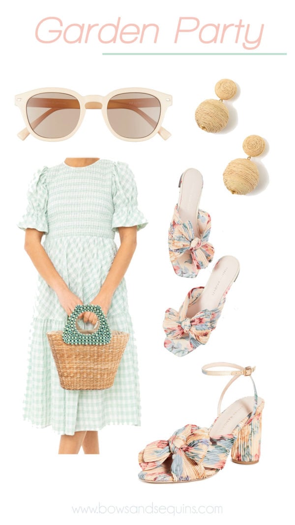 green gingham dress, loeffler randall floral printed sandals, raffia earrings