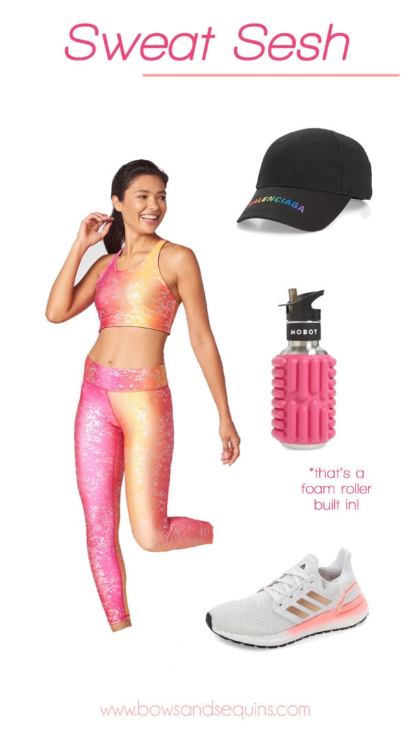 terez workout leggings, balenciaga rainbow hat, adidas ultraboost
