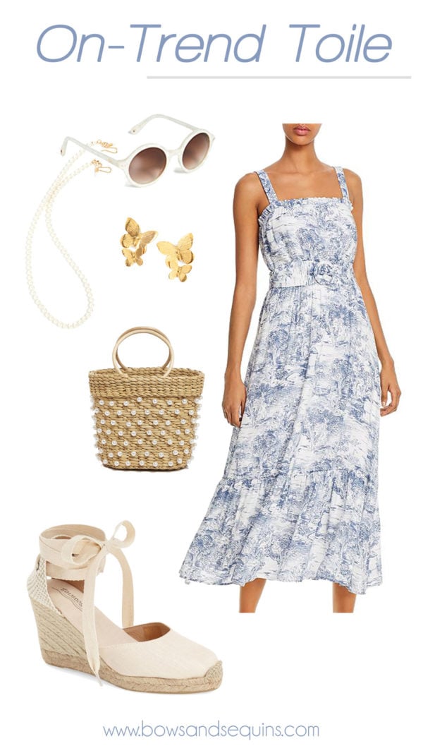 toile print dress, pearl embellished bag, pearl sunglasses chain, espadrilles