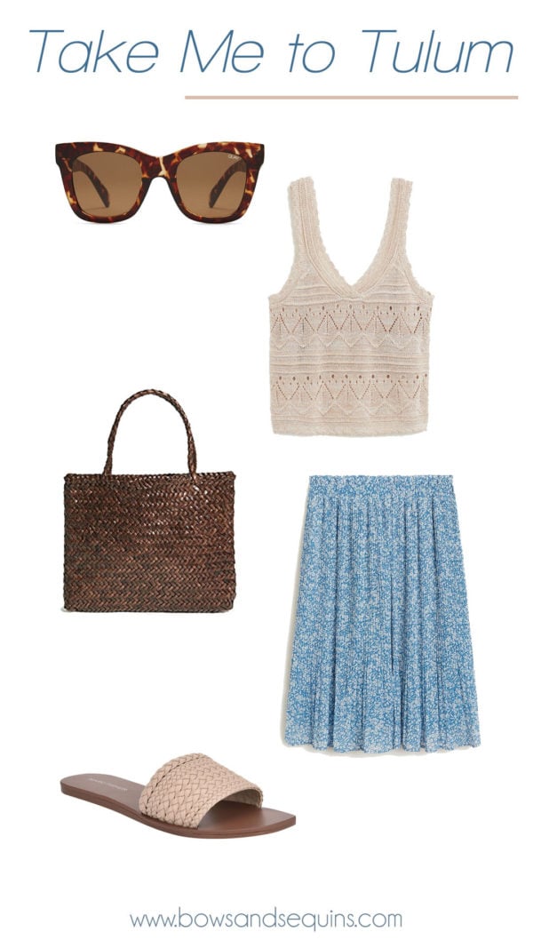 sweater knit top, pleated skirt, brown woven bag