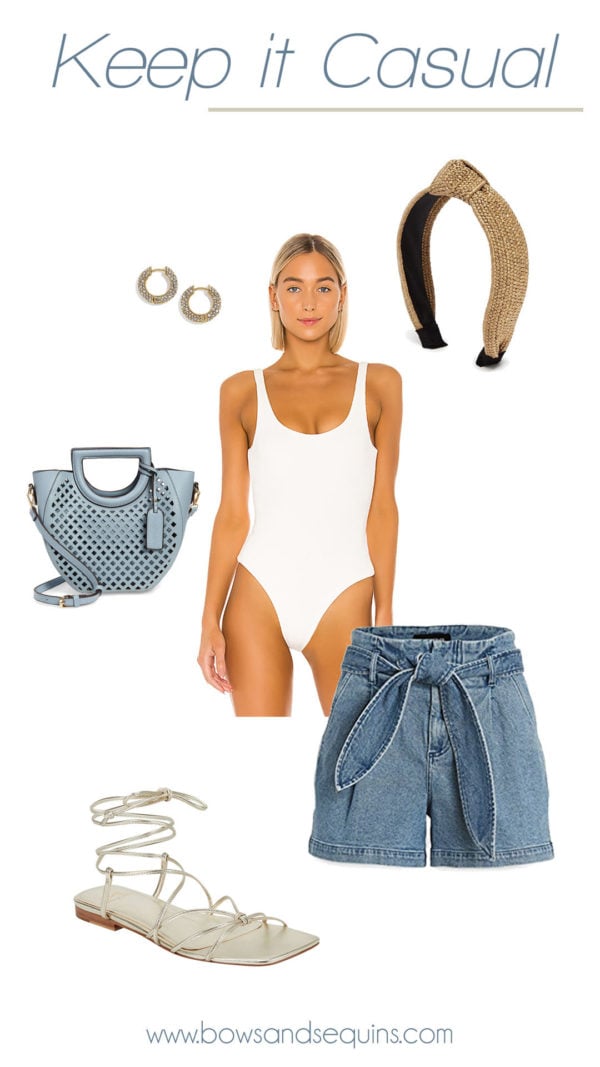 white bodysuit, high waist jean shorts, raffia headband, metallic wrap sandals