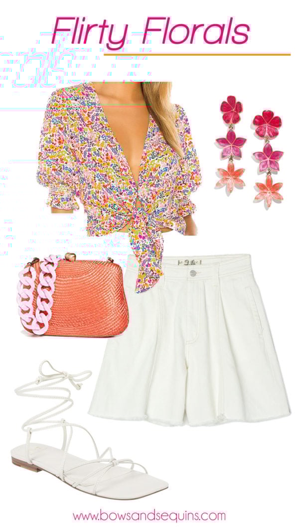 show me your mumu floral top, white shorts, bauble bar earrings, orange bag