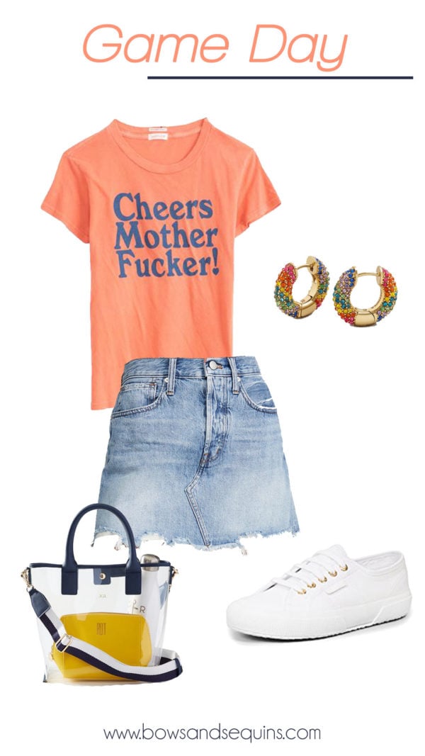 game day outfit, graphic tee cheers, denim skirt, clear bag, sneakers