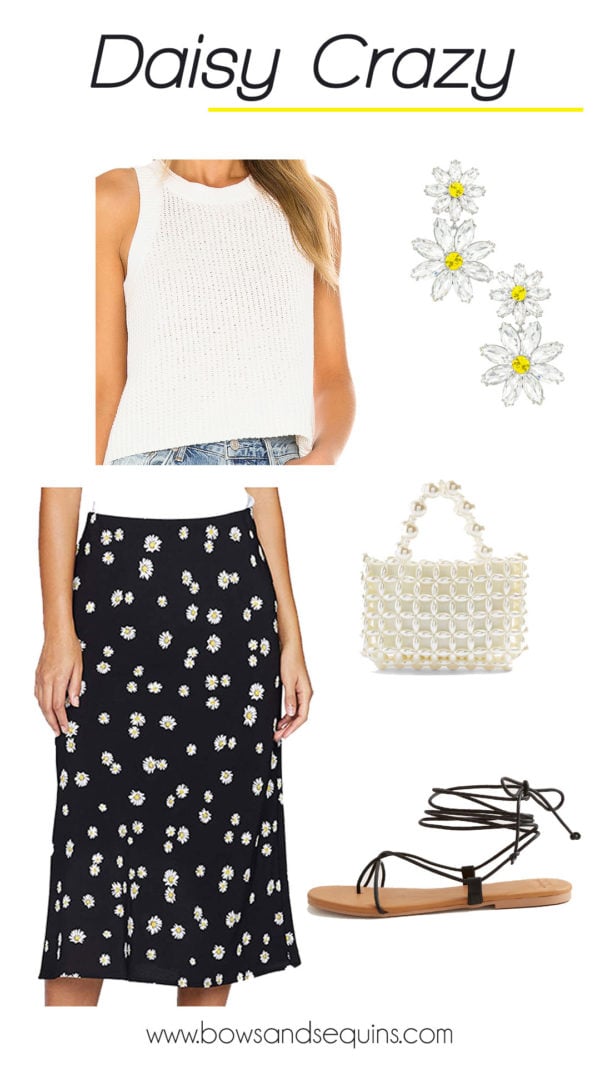 sweater tank, floral daisy skirt, pearl bag