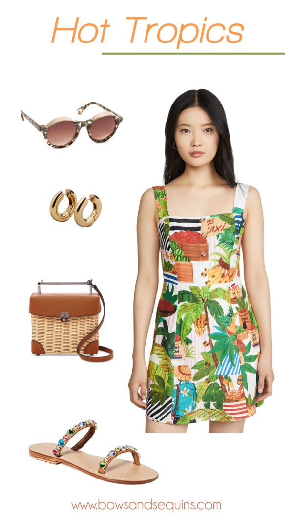 farm rio dress, wicker bag, mystique sandals