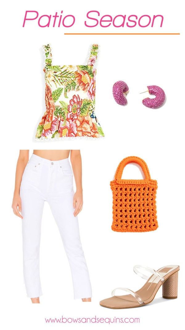 farm rio embroidered vintage floral top outfit with white jeans and clear strap sandals