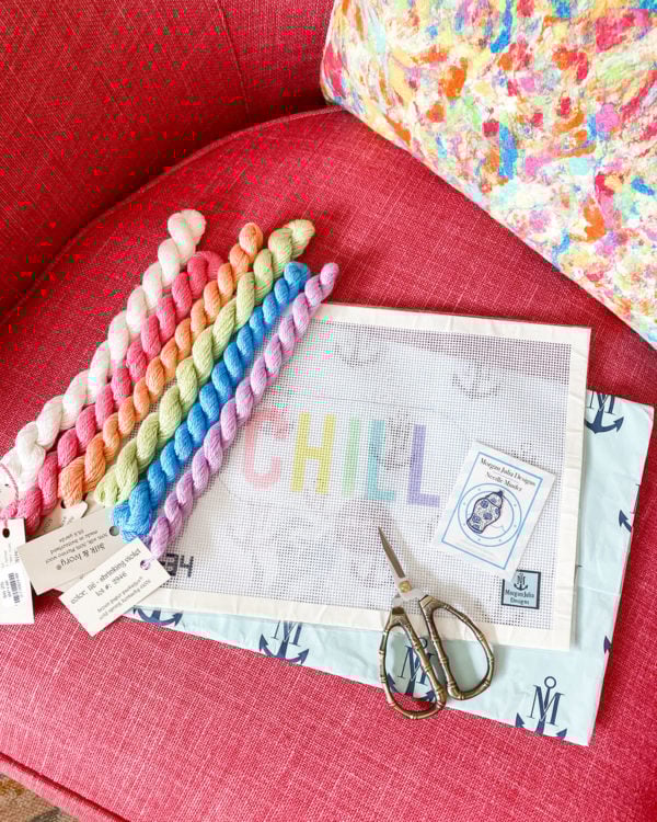 Morgan Julia Designs Chill Pill Needlepoint Canvas, Bamboo Scissors, Silk & Ivory Threads, Ginger Jar Needle Minder