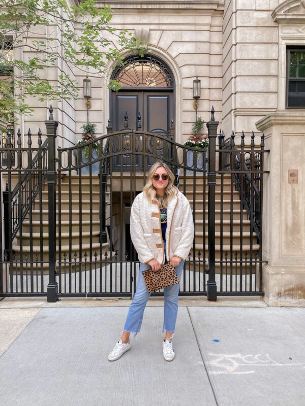 Sherpa Bomber with Straight Leg Jeans and Golden Goose Sneakers