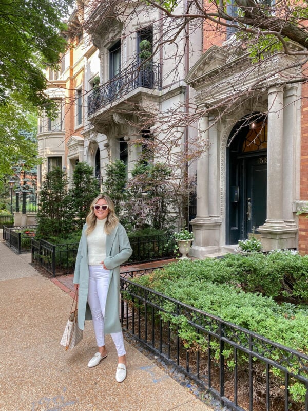 Summer to Fall Outfit Idea: Sage Green Light Long Coat, White Textured Tank, White Denim, Gucci Mules