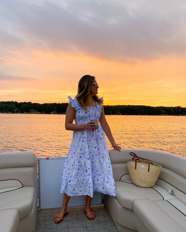 Blue & White Floral Nap Dress on Jessica Sturdy at sunset