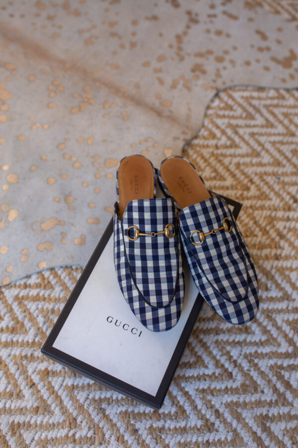 Gucci Navy & White Gingham Princetown Loafers