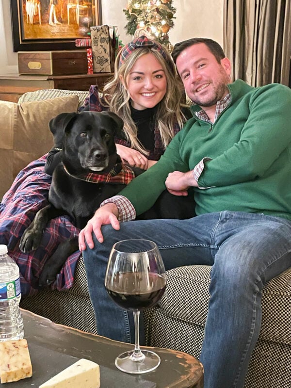 Jessica Sturdy wearing a plaid tartan Nap Dress at Christmas with Dave and Marley.
