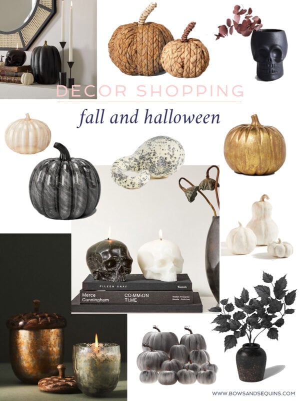 Modern home decor blogger Bows & Sequins shares affordable fall decor ideas from Amazon and Target. Black, white, and gold pumpkins, inexpensive velvet pumpkins, brass skulls, and rattan woven pumpkins.