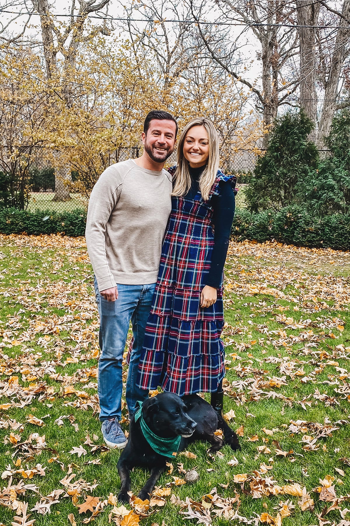 Chicago fashion blogger Jessica Sturdy of Bows & Sequins wearing a Hill House Plaid Nap Dress for Thanksgiving with her boyfriend, Dave, and dog, Marley.