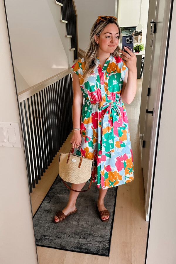 Chicago influencer Bows & Sequins styling a floral dress from Walmart.