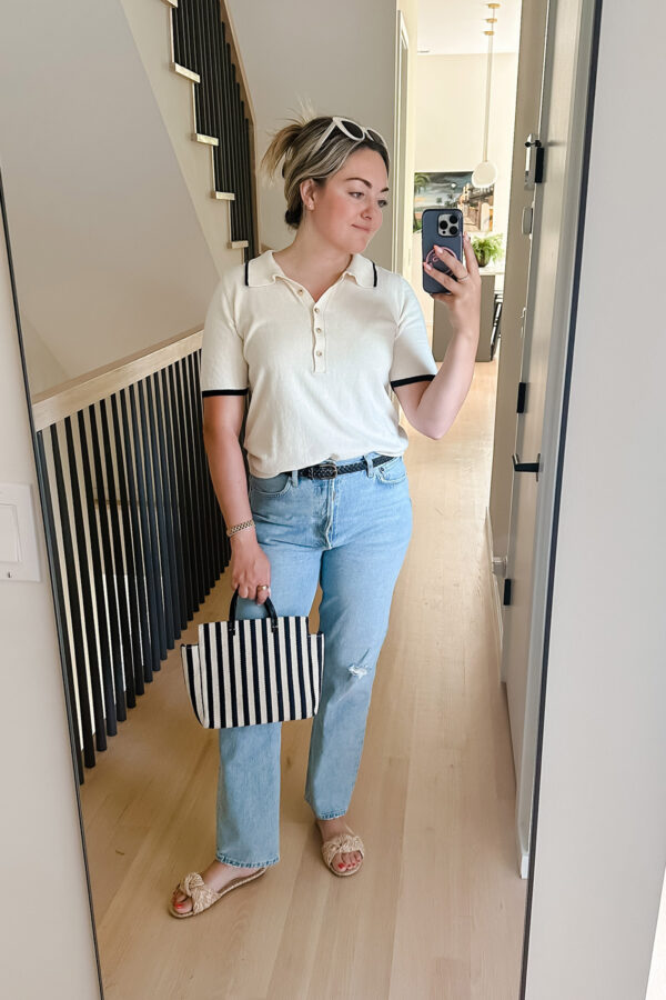 Chicago influencer Bows & Sequins wearing a Faherty polo and jeans.