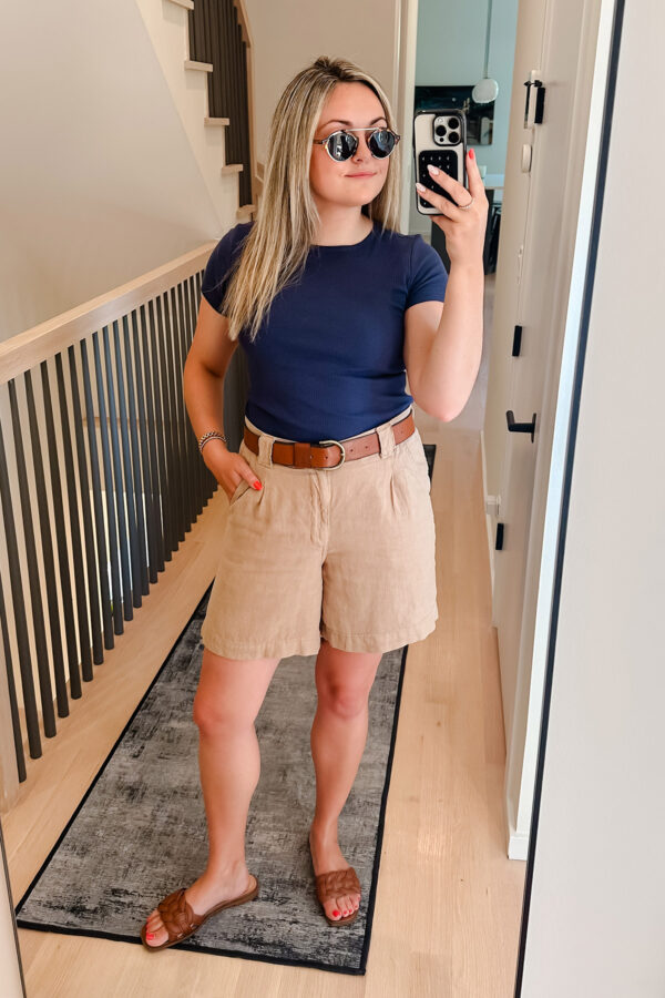 Chicago influencer Bows & Sequins styling DL 1961 long linen shorts.