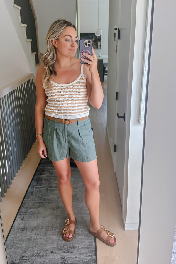 Chicago influencer Bows & Sequins styling a Madewell tank with linen shorts.