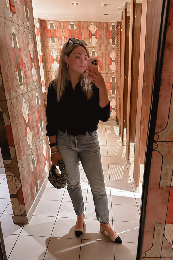 Chicago influencer Bows & Sequins styling a workwear outfit with a linen collared shirt and cap toe pumps.