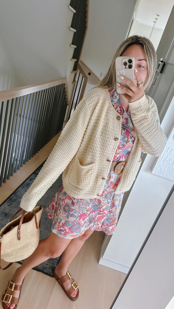 Chicago influencer Jessica Sturdy styling an Amazon cardigan that looks luxury.