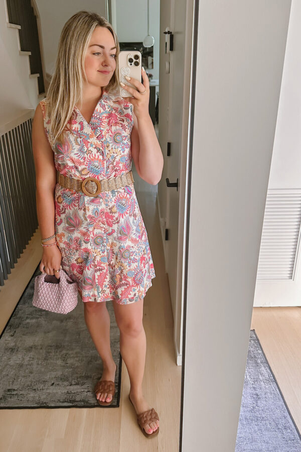 Chicago influencer Jessica Sturdy styling a 10 Crosby Derek Lam dress with a raffia belt.