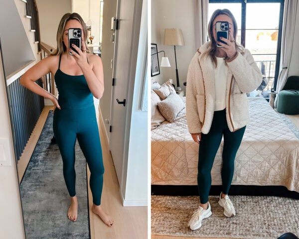 Chicago wellness blogger wearing Beyond Yoga SpaceDye crop tank and leggings with sherpa barn jacket and New Balance 327s.