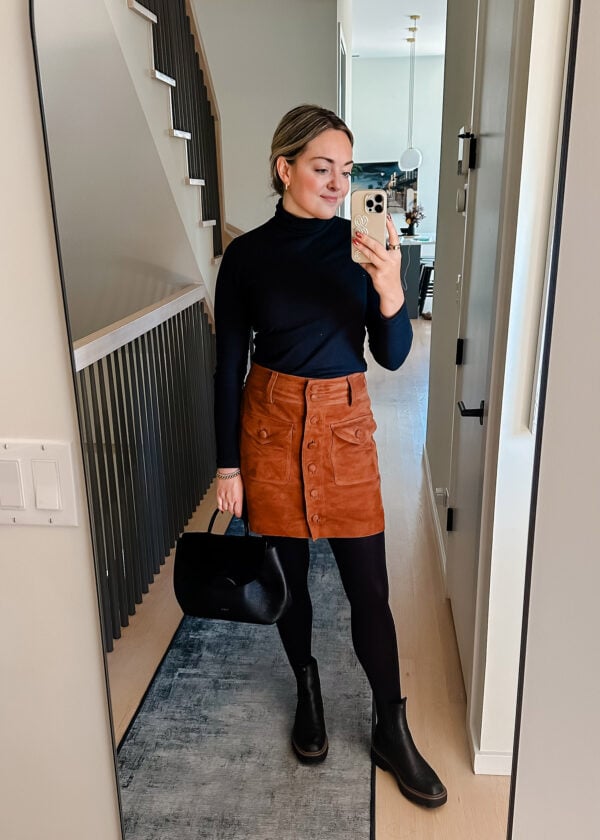 Chicago blogger Jessica Sturdy of Bows & Sequins wearing a suede skirt from French brand, Sezane.